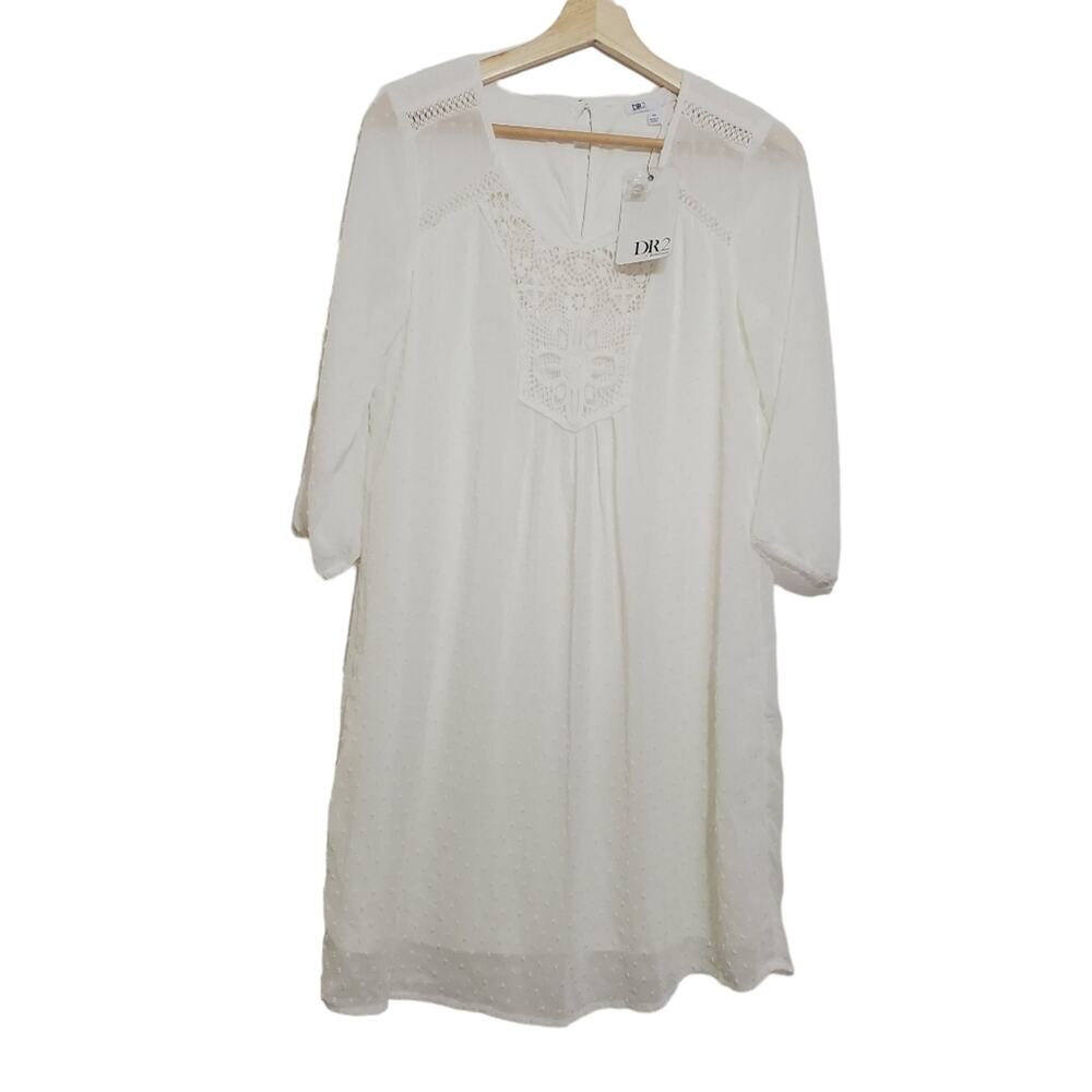 DR2 | Swiss Dot Sheer and Crochet Lace 3/4 Sleeve Lightweight Boho Dress